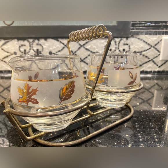 Sugar and Creamer set with tray. Libbey gold frosted leaf glass - Picture 2 of 3